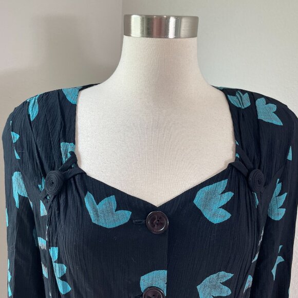 Vintage Carole Little Womens 10 Black Teal Long Sleeve Button Up Midi Dress - Picture 2 of 11